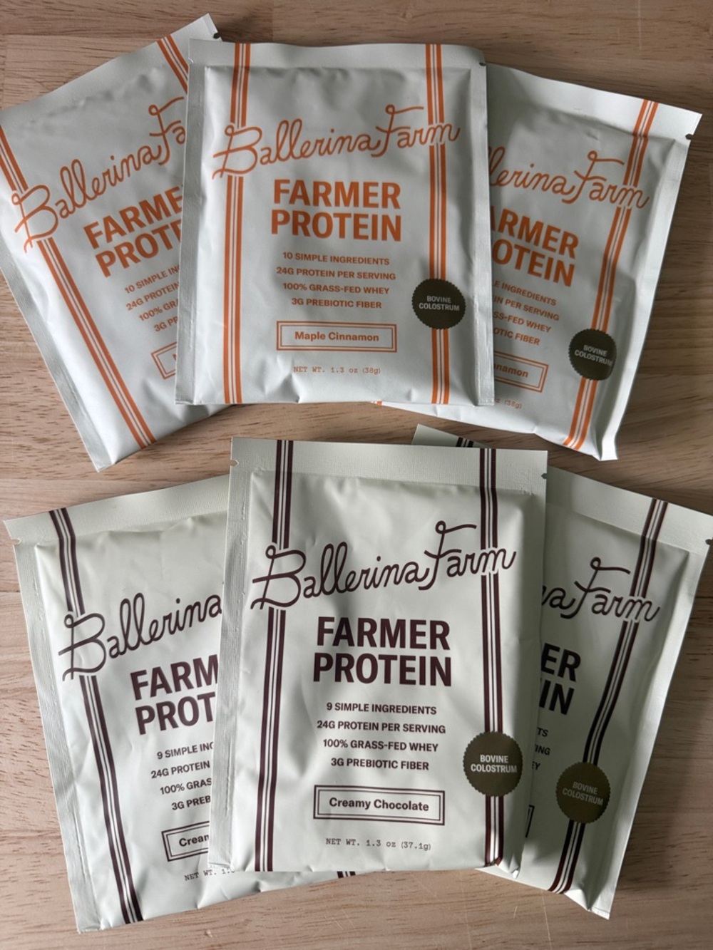 Ballerina Farm Farmer protein. 6 pouches total-3 Maple Cinnamon and 3 Chocolate